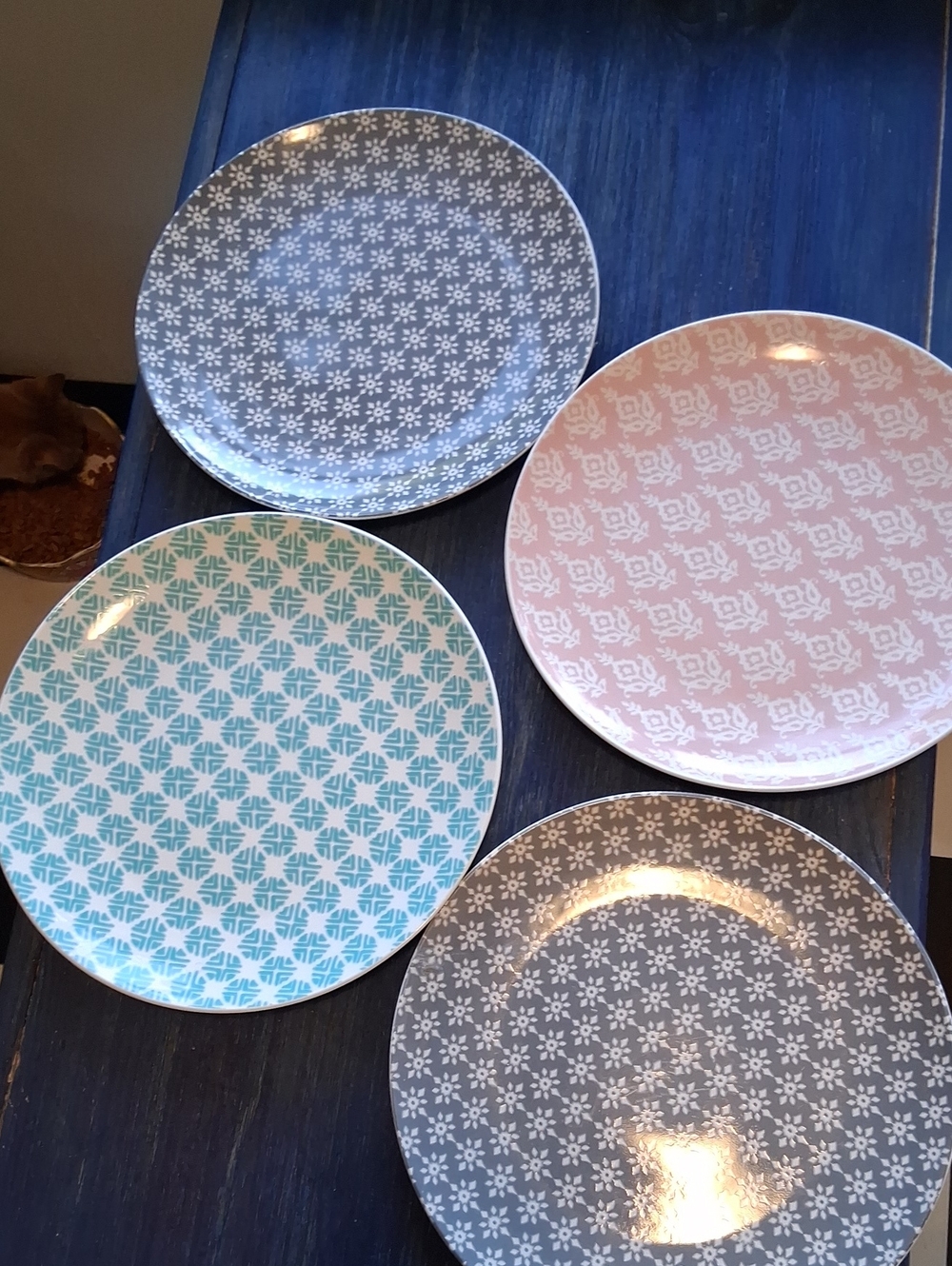 Decorative Patterned Ceramic Dinner Plate - Blue, Pink, Teal, Gray - Set of 4